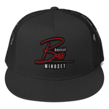 Load image into Gallery viewer, Black Gorilla Boss Mindset Trucker Cap with bold red and white logo, perfect for confident streetwear style.