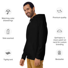 Load image into Gallery viewer, Black unisex hoodie showcasing premium quality, side-seamed design, and matching color drawstrings.