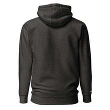 Load image into Gallery viewer, Back view of the Domin8 Daily unisex hoodie in dark color, showcasing the hood and self-fabric patch design.
