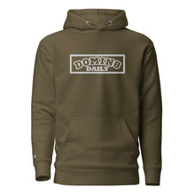 Load image into Gallery viewer, Olive green Domin8 Daily unisex pullover hoodie featuring front pouch pocket and embroidered logo.