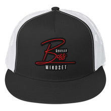 Load image into Gallery viewer, Black and white Gorilla Boss Mindset trucker cap featuring bold red embroidered logo on the front. Perfect for confident streetwear.
