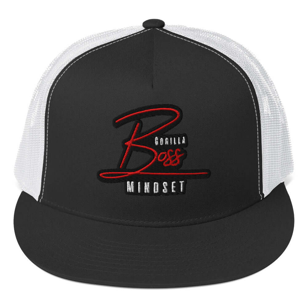 Black and white Gorilla Boss Mindset trucker cap featuring bold red embroidered logo on the front. Perfect for confident streetwear.