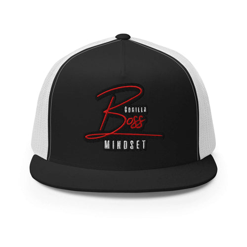 Gorilla Boss Mindset Trucker Cap in black and white, featuring a bold embroidered logo, perfect for stylish everyday wear.