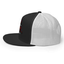 Load image into Gallery viewer, Side view of the Gorilla Boss Mindset Trucker Cap showcasing its stylish black and white design for bold streetwear.
