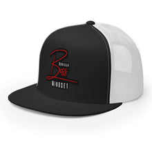 Load image into Gallery viewer, Gorilla Boss Mindset Trucker Cap in black and white with embroidered logo, perfect for confident and stylish streetwear.
