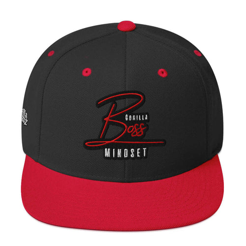 Gorilla Boss Mindset Snapback Hat in black and red, featuring a structured design and bold lettering for a stylish look.
