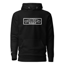 Load image into Gallery viewer, Domin8 Daily unisex hoodie in black with front pouch pocket and embroidered logo for comfort and style.
