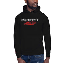 Load image into Gallery viewer, Black &quot;Manifest Success&quot; hoodie showcasing stylish design and comfort, perfect for motivation and casual wear.
