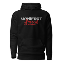 Load image into Gallery viewer, Black unisex hoodie with &quot;Manifest Success&quot; graphic, featuring front pouch pocket and durable cotton-blend fabric.
