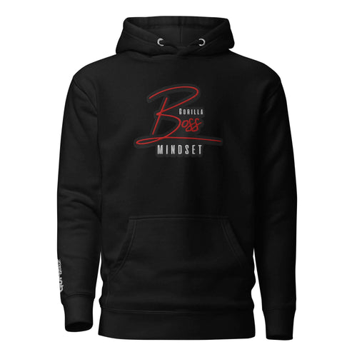 Black Gorilla Boss Mindset pullover hoodie featuring bold lettering, perfect for confident streetwear style and comfort.