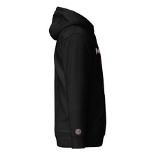 Load image into Gallery viewer, Side view of the black &quot;Manifest Success&quot; unisex hoodie featuring a pouch pocket and unique branding details.
