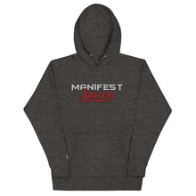 Load image into Gallery viewer, Unisex &quot;Manifest Success&quot; hoodie in dark gray, featuring bold lettering for inspiring mindset and comfort.
