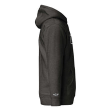 Load image into Gallery viewer, Side view of the Domin8 Daily Unisex Hoodie in dark grey, featuring a pocket and logo.
