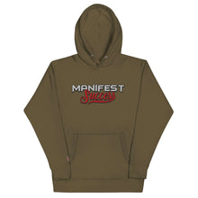 Load image into Gallery viewer, Olive green &quot;Manifest Success&quot; unisex hoodie with front pouch pocket and unique logo design.
