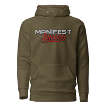 Load image into Gallery viewer, Unisex &quot;Manifest Success&quot; hoodie in olive green with bold lettering, front pouch pocket, and unique patch detail.
