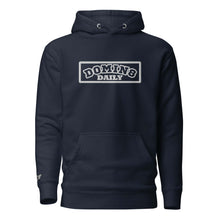 Load image into Gallery viewer, Domin8 Daily unisex pullover hoodie in dark blue with front pouch pocket and embroidered branding.
