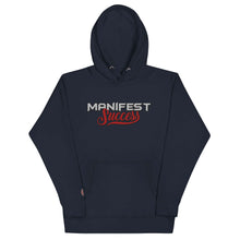 Load image into Gallery viewer, Dark navy unisex hoodie featuring &quot;Manifest Success&quot; print, designed for comfort and durability.
