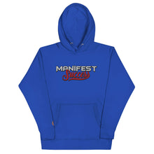 Load image into Gallery viewer, Blue unisex &quot;Manifest Success&quot; pullover hoodie with front pouch pocket and unique lettering design.
