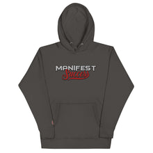 Load image into Gallery viewer, Gray unisex pullover hoodie featuring &quot;Manifest Success&quot; graphic and front pouch pocket for comfort and style.
