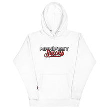 Load image into Gallery viewer, White unisex hoodie featuring &quot;Manifest Success&quot; graphic and front pouch pocket by Gorilla Godz.
